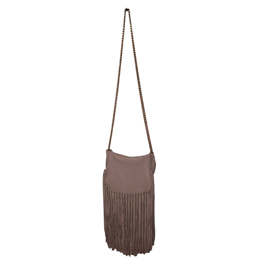 ZARA FRINGED GENUINE LEATHER SHOULDER BAG with Silver tone Chain 8" x 5" Grey cr